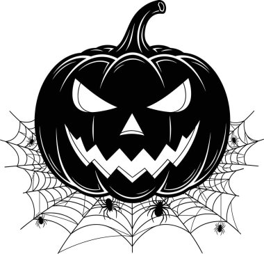 Black cartoon pumpkin with a spooky face sits atop a spider web with several spiders crawling around, creating a dark and festive Halloween vibe suitable for party invitations.
