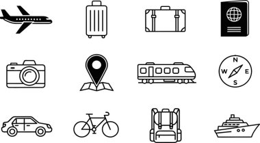 Çeşitli siyah-beyaz seyahat simgeleri ulaşım, bagaj, harita işaretleyici ve pasaport gösterme kipleri, seyahat ve turizmle ilgili dijital içerik için mükemmel bir şebeke şeklinde düzenlenmiştir..