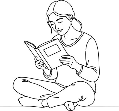 Kadın bacak bacak bacak üstüne atarak oturmuş tek renkli bir sanat tarzında kitap okuyor, sakin ve huzurlu bir ruh hali yaratıyor, eğitim ve yaşam tarzı içeriği için ideal..