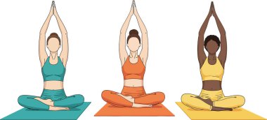 Üç farklı kadın, yoga minderlerinin üzerinde, dua pozisyonunda ellerini kaldırarak nilüfer pozisyonunda oturuyor. Huzurlu ve sağlıklı bir atmosfer yaratıyorlar. Zindelik ve refah için mükemmel bir ortam..