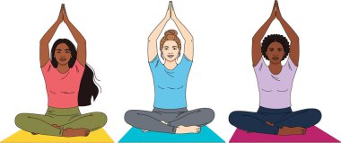 Üç farklı kadın nilüfer yogası pozisyonunda minimalist tarzda ellerini kaldırmış renkli paspaslar üzerinde meditasyon yapıyorlar. Yaşam tarzı ve sağlıklı pazarlama için uygun barışçıl ve sağlıklı bir ortam yaratıyorlar..