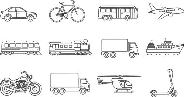 Beyaz zemin üzerinde çizgi halinde çeşitli tek renkli ulaşım araçları çizilerek, eğitim veya ulaşım temalı projeler için uygun temiz ve minimalist bir tasarım oluşturulmuştur.