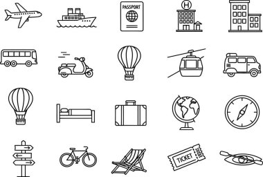Uçak, gemi, pasaport, otel, otobüs, scooter, sıcak hava balonu gibi çeşitli seyahat simgeleri beyazda gösterilerek turizm veya tatil pazarlaması için ideal minimalist temiz görüntüler oluşturuluyor..