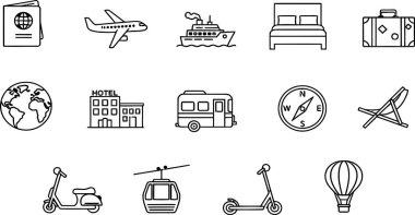 Turizm veya tatil temalı grafikler ve tasarımlar için ideal ulaşım, konaklama ve seyrüsefer şekillerini temsil eden temiz siyah ve beyaz çizgi sanatında seyahat simgelerinin toplanması.