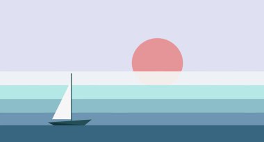 Sakin, pastel renkli gökyüzüne vuran soluk pembe güneşli düz bir okyanusta yelkenli, huzurlu ve huzurlu bir havayı çağrıştırıyor, seyahat ve eğlence pazarlaması için uygun..