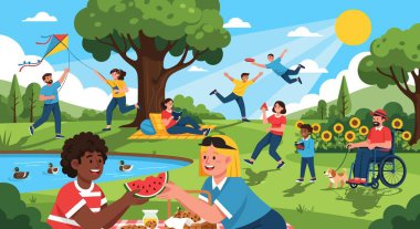 Arkadaşlar güneşli parkta oynuyor ve dinleniyor