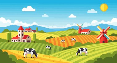 Tepeleri ve yel değirmenleri olan parlak kırsal tarlalar