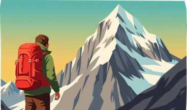 Yürüyüşçü karlı dağa yaklaşıyor.