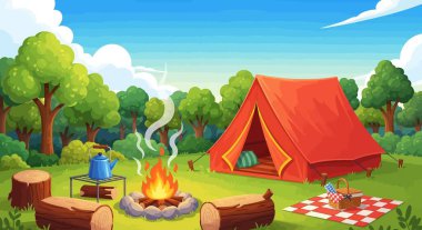 Çadırı ve ateşi olan huzurlu bir kamp alanı.