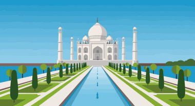 Taj Mahal 'in yansıtma havuzlu ve bahçeli manzarası.