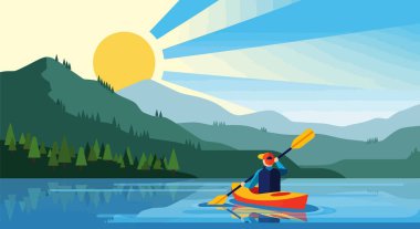 Güneşin altındaki ağaçlar ve tepelerle dolu parlak bir gölde kano süren bir insanın renkli görüntüsü..