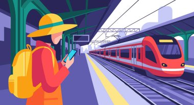 Bir gezginin fütüristik bir tren istasyonunda beklerken telefon kullanması..