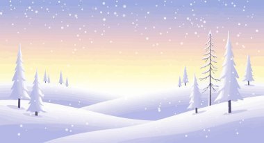 Gün batımında karlı tepeler ve yağan karlarla minimum kış manzarası.