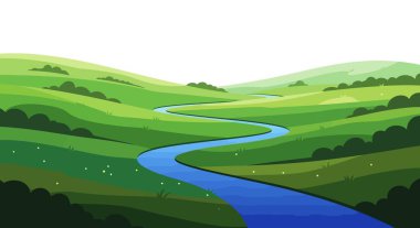 Yumuşak tepeler ve kıvrımlı bir nehir içeren sakin kırsal illüstrasyon.