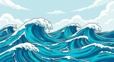 Bulutlu gökyüzünün altında serin mavi tonlarda dalgalanan okyanus dalgalarının dinamik çizimi.