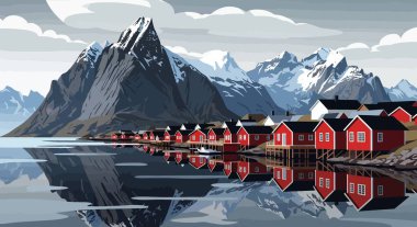 Buzlu dağ gölüne yansıyan renkli evler