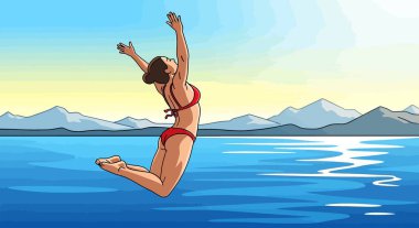 Arkasında dağlarla denize atlayan bir kadının neşeli bir tasviri..