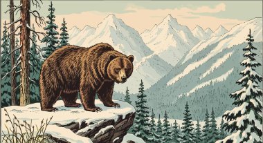 Dağlardaki kayalıklarda duran kahverengi ayı tasviri.