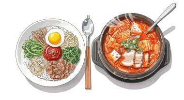 Yumurtalı ve baharatlı kimchi yahnili geleneksel Kore yemeği..