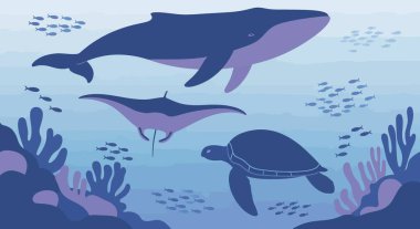 Balinalar ve deniz canlılarıyla sualtı illüstrasyonları..