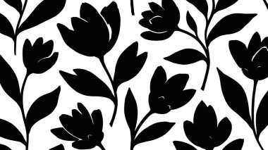 Tarzlı siyah lale siluetleri ve temiz beyaz arka planda yaprakları olan soyut çiçek deseni. Basit, modern ve zarif bir tasarım..