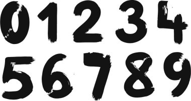 Sıfırdan dokuza kadar uzanan, koyu siyah fırça darbeleriyle yaratılmış el yazısıyla yazılmış rakamlar. Temiz beyaz bir arkaplanda izole edilmiş..