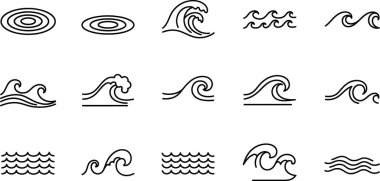 Bir dizi minimalist, el çizimi sanat simgeleri ve sembolleri beyaz arka planda okyanus dalgaları, su dalgaları ve deniz tepelerini temsil ediyor..