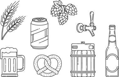 Bira ve elementleri temsil eden sanat simgelerinin toplanması. Bir kupa, kutu, şişe, tap, fıçı, pretzel, hop ve buğday saplarını içerir..