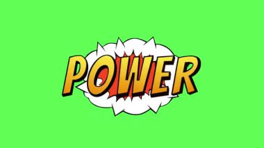 Güçlü kelimesinin kalın turuncu harflerle yazıldığı dinamik çizgi film patlaması. Süper kahraman çizgi roman tarzı efektli power text animasyonu