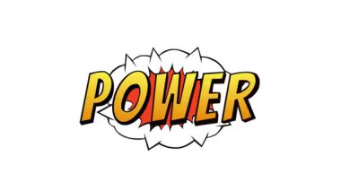 Güçlü kelimesinin kalın turuncu harflerle yazıldığı dinamik çizgi film patlaması. Süper kahraman çizgi roman tarzı efektli power text animasyonu