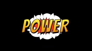 Güçlü kelimesinin kalın turuncu harflerle yazıldığı dinamik çizgi film patlaması. Süper kahraman çizgi roman tarzı efektli power text animasyonu