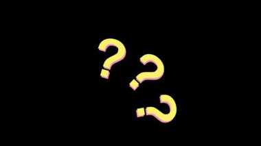 Animasyon soruları dönüyor. Soru işaretleri havada uçuşuyor, kararlar üzerinde kafa yoruyor ve çözümler arıyor. Canlandırılmış soru işareti. 