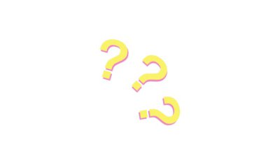 Animasyon soruları dönüyor. Soru işaretleri havada uçuşuyor, kararlar üzerinde kafa yoruyor ve çözümler arıyor. Canlandırılmış soru işareti. 