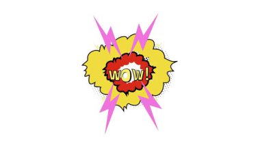 Geçmişe dönük komik yıldırımlı dinamik wow ifadesi. Cesur çizgi roman tarzı patlama efektli video ile ifade