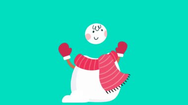 Animasyon Kardan Adam karakteri. Eşarplı ve eldivenli sevimli kardan adam kış eğlencesine hazır. Noel konsepti. 