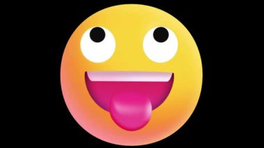 Dili açık bir ifade ve siyah bir arkaplanda geniş gözler, neşeli ve kaygısız bir ruh hali ileten neşeli bir emoji..