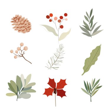 Ağaç, köknar, çam kozalağı, yaprak dalı, ökseotu, kış vektör ikonu, beyaz arka planda izole kış seti. Tatil doğa illüstrasyonu