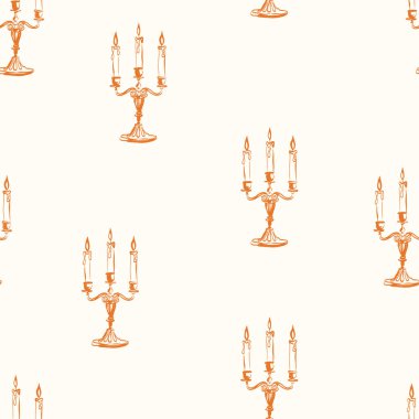 Seamless pattern with hand drawn vintage candelabras and burning candles. Old-fashioned sketch style background, perfect for Gothic, elegant home decor, textile, and historical designs.