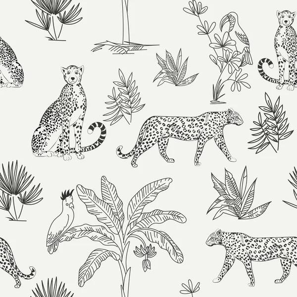 Çitalı kusursuz vektör deseni ve siyah beyaz çizgili tropikal yapraklar. Tekstil, duvar kağıdı ve doğa tasarım projeleri için zarif Afrika yaban hayatı ve orman bitkileri.