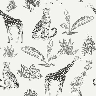 Zürafalar, çitalar ve siyah beyaz çizgili tropikal yapraklarla kusursuz vektör deseni. Tekstil, duvar kağıdı ve doğa tasarım projeleri için zarif Afrika yaban hayatı ve orman bitkileri.