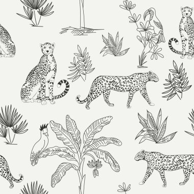 Zürafalar, çitalar ve siyah beyaz çizgili tropikal yapraklarla kusursuz vektör deseni. Tekstil, duvar kağıdı ve doğa tasarım projeleri için zarif Afrika yaban hayatı ve orman bitkileri.