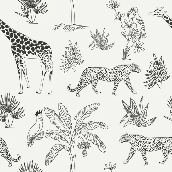 Zürafalar, çitalar ve siyah beyaz çizgili tropikal yapraklarla kusursuz vektör deseni. Tekstil, duvar kağıdı ve doğa tasarım projeleri için zarif Afrika yaban hayatı ve orman bitkileri.