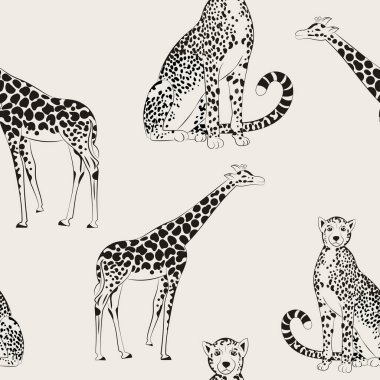 Minimalist vektör kusursuz çita ve zürafa deseni. Yaratıcı sanat eserleri. Kart için şablon, poster, afiş, tişört, rozet, yama. Duvar kağıdı. Siyah ve bej