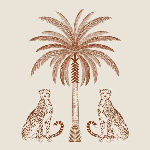 Palmiye ağacı ve çita desenli vektör logosu tasarımı. Kart, poster, afiş, logo, broş için şablon. Kahverengi ve bej. Lüks.
