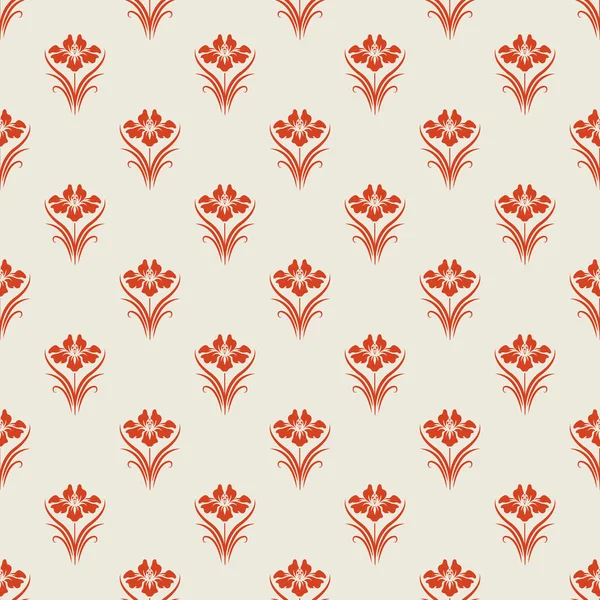 Klasik Art Deco Kusursuz Desen. Kırmızı çiçekli geometrik dekoratif. Retro bej arka plan. Duvar Kağıdı