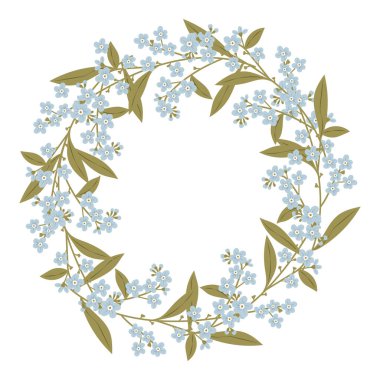 Çiçekler ve yapraklarla süslenmiş sınır süsü. Hediye kağıdı için yüzey tasarımı, web sayfası geçmişi, tebrik kartları, baskı, davetiye. Mavi çiçek