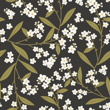 Çiçeklerle kusursuz desen. Çiçekli ve yapraklı bir dal. Hediye kağıdı, duvar kağıdı, web sayfası arkaplanı, tebrik kartları, tekstil için yüzey tasarımı. Beyaz çiçek. Minimalist, eski