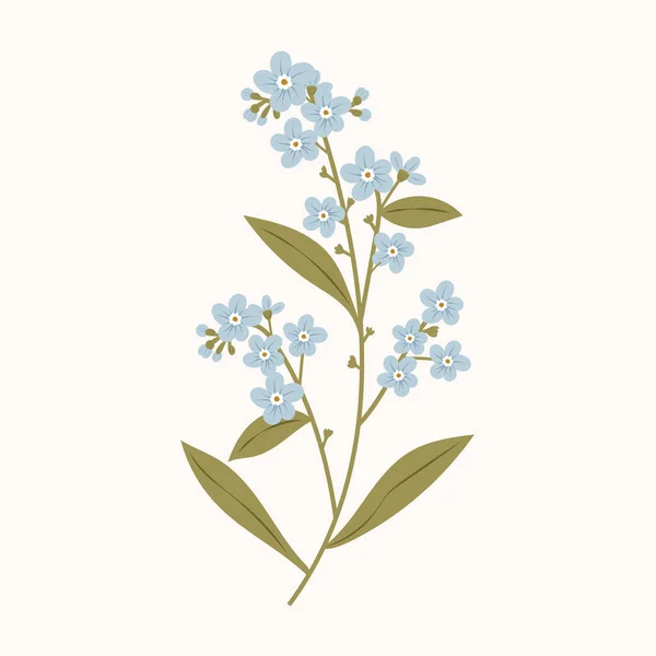 Çiçekli ve yapraklı bir dal. Hediye kağıdı, duvar kağıdı, web sayfası arkaplanı, tebrik kartları, tekstil, davetiye için yüzey tasarımı. Mavi çiçek