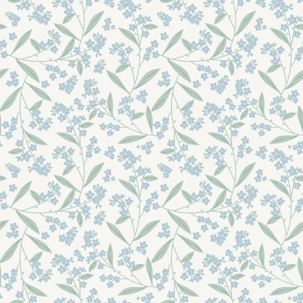 Çiçeklerle kusursuz desen. Çiçekli ve yapraklı bir dal. Hediye kağıdı, duvar kağıdı, web sayfası arkaplanı, tebrik kartları, tekstil için yüzey tasarımı. Mavi çiçek. Minimalist, eski