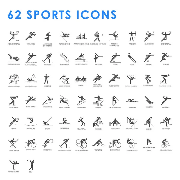 Spor ikonları. Beyaz arkaplanda, spor disiplinlerinin isimleriyle izole edilmiş resimler var..